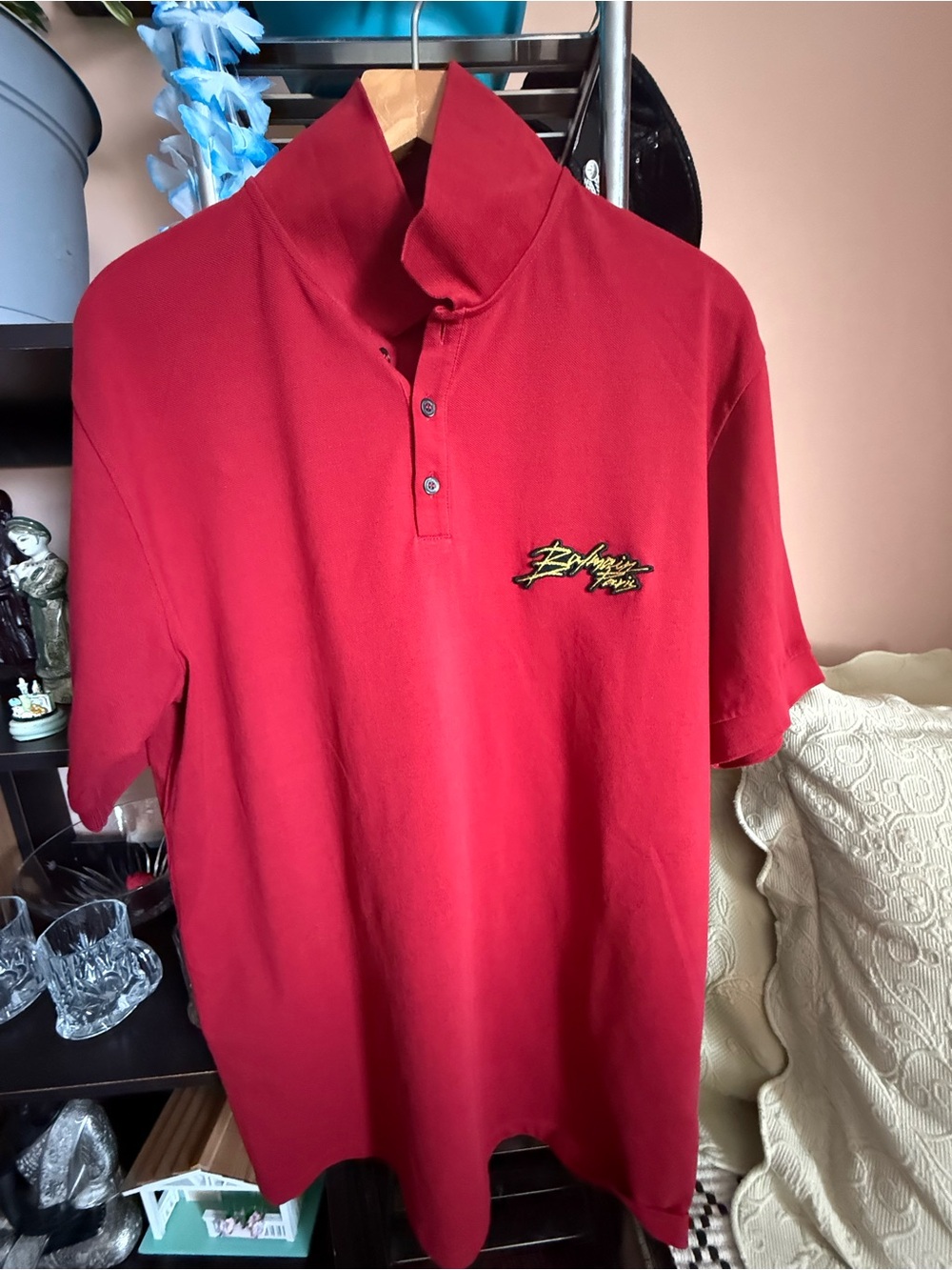 Balmain Red Short-Sleeve Polo with Embroidered Script Logo